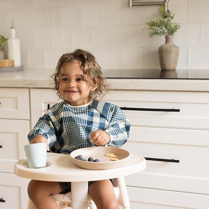 Tiny Twinkle Long Sleeve Bibs for Babies & Toddlers – 2 Pack Waterproof Smock Bibs for Eating – Machine Washable & Mess-Proof, Baby Feeding Essential & Shower Must-Have (Gingham Grid, 6-24M)