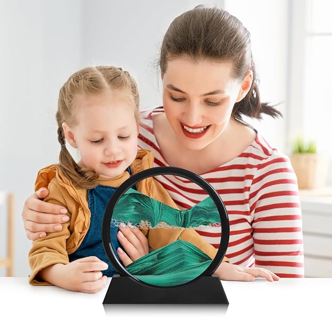 Moving Sand Art Liquid Motion, 3D Deep Sea Sandscape Color Quicksand Decor, Round Glass Moving Sand Art Picture Relaxing Desktop Home Office Work Decor (Green, 7 inch)