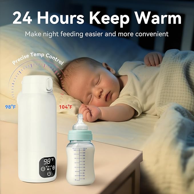 Portable Bottle Warmer for Travel - 3-Min Fast Heating for Breast Milk, Formula & Water, 17oz Large 316L Stainless Steel Flask, Long Battery Life, Precise Temp Control for Car/Airplane