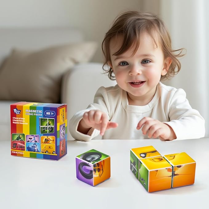 Magnetic Building Blocks Tiles, Large Magnetic 1.65 inch Cubic Puzzle Toys in Vehicles Theme, STEM Montessori Sensory Toys for Toddlers 1-3, Gifts for Girls & Boys