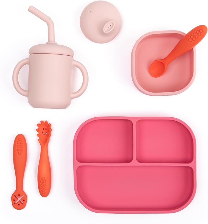 Bella Tunno Little Bites Bundle – Baby Feeding Set and Baby Led Weaning Supplies with 1 Baby Bowl, 1 Baby Plate, 3 Baby Utensils, 1 Cup, 2 Lids, 100% Food-Grade Silicone (Garden Party)