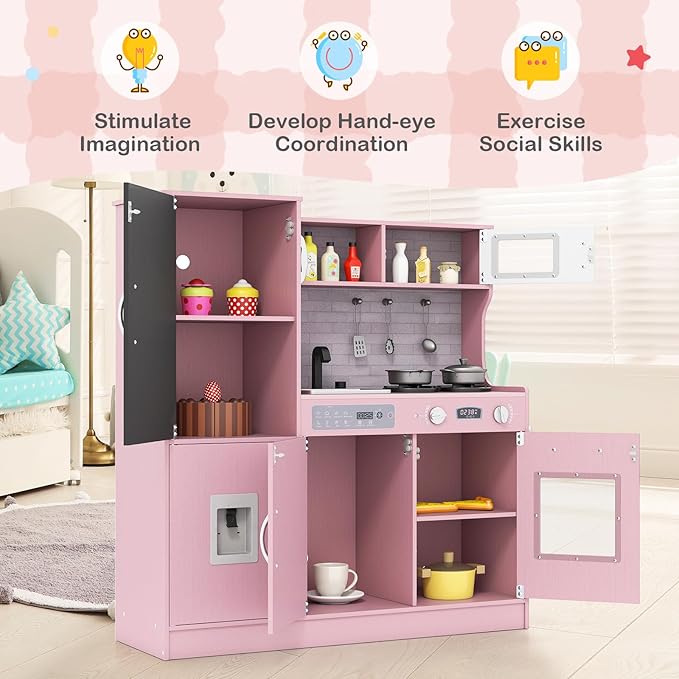 HONEY JOY Upgrade 39 in Kids Kitchen Playset, Large Wooden Little Chef Pretend Toy Kitchen Set w/Chalkboard, Telephone, Utensils, Oven, Microwave, Sink, Storage, Play Kitchen for Toddlers, Pink