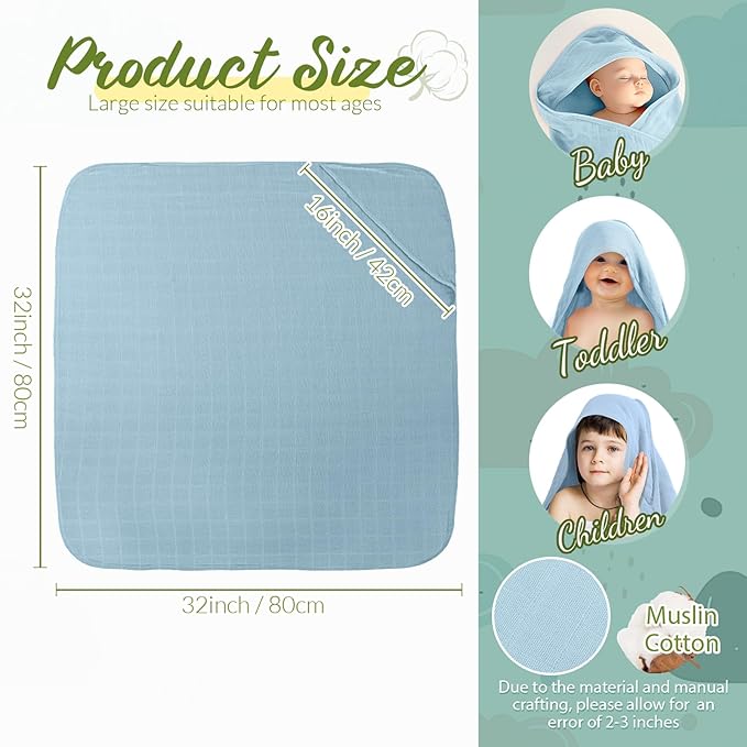 Preboun 6 Pcs Muslin Hooded Baby Towels and Washcloths 32"x 32" Cotton Newborn Bath Towel Anti-Shrink Infant Baby Blankets with Hood 12"x 12" Washcloths for Girl Boy Toddler(Light Blue,Light Green)