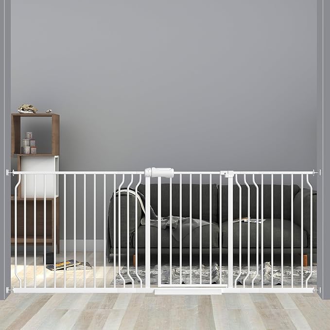 Extra Wide Baby Gates for Doorways 71.65"-85.82" Extra Wide Baby Gate Dog gate Pressure Mounted No Drilling with Walk-Through, Auto-Close & Dual-Direction Swing for Large Wide Opening White