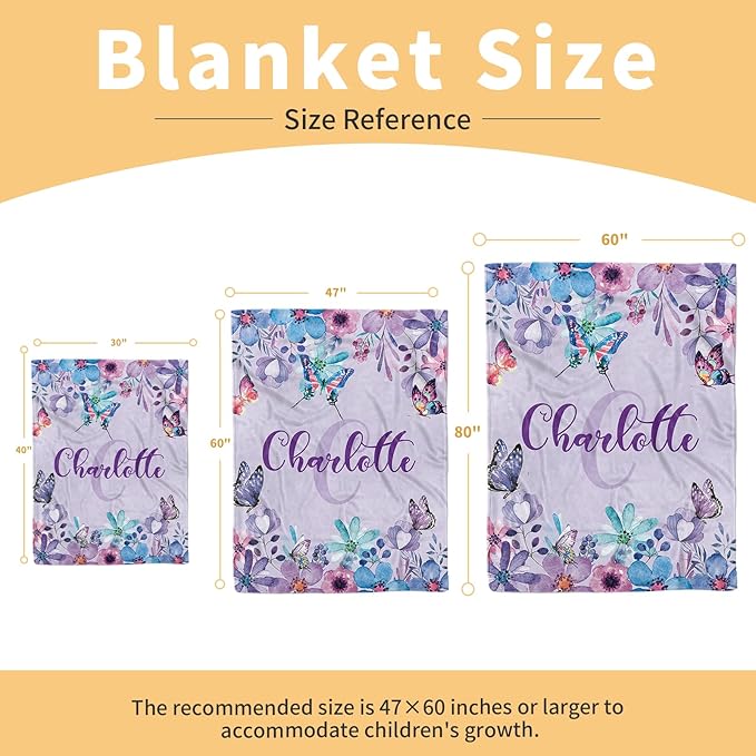 Personalized Baby Blanket, Custom Name Baby Blanket for Girl Boy, Purple Butterfly Double Layer Dotted Backing Receiving Swaddle Blankets, Toddlers Infants New Parents Customized Gifts(30"x40")
