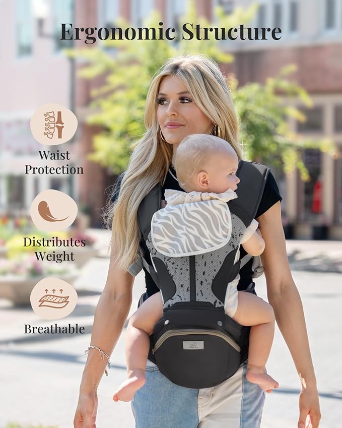 MOMTORY StowNGO Pro Baby Carrier, Safety-Certified 6-in-1 Ultra Storage Baby Carrier Newborn to Toddler, Front & Back Baby Holder Carrier with Hip Seat, Pure Black