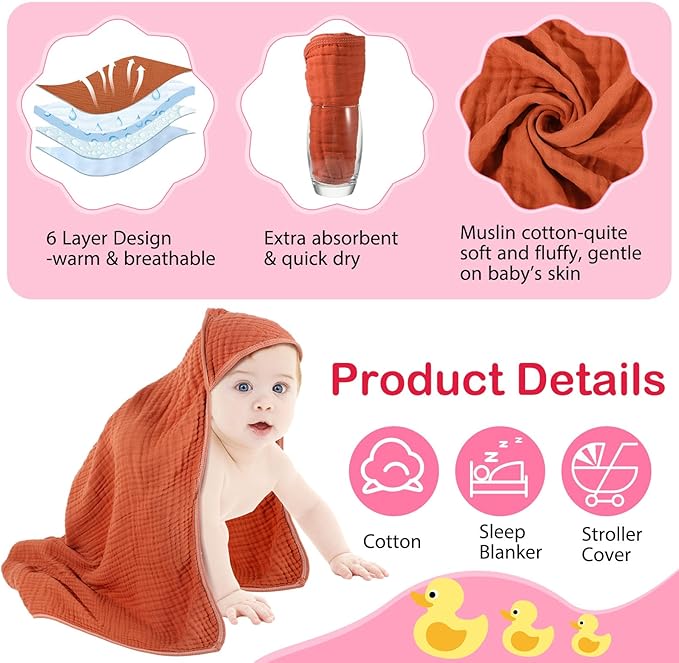 Peryiter 6 Pcs Muslin Hooded Baby Towels, 32"x 32" Cotton Newborn Bath Towel Muslin Infant Baby Blankets Absorbent Unisex Newborn Registry Gift Essentials for Girls Boys (Orange)