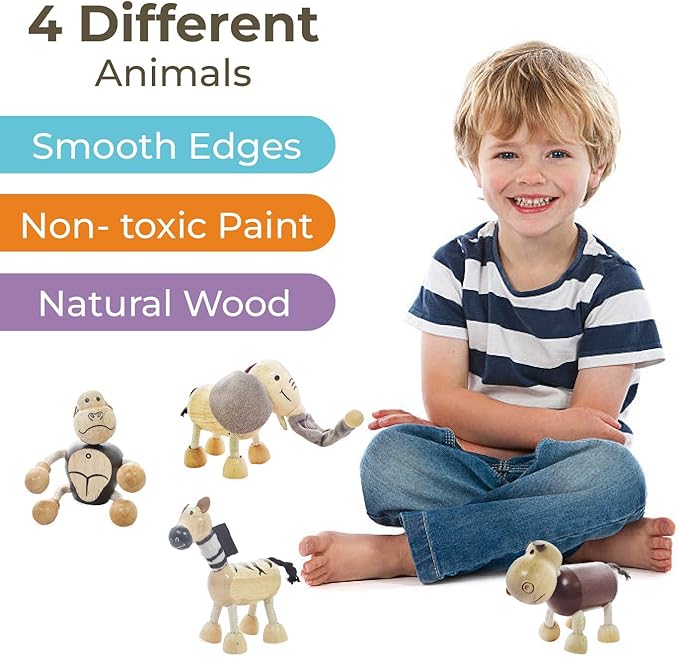 TEKOR Wooden Bendable Jungle Animal Toys (Set of 4) | Ages 3 & Up | Early Education Toy Animals for Kids | Elephant, Zebra, Hippo, Gorilla | Smooth Natural Wood | Endless Play for Girls & Boys