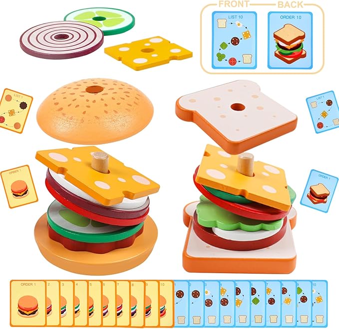 Montessori Toys for 2, 3 Year Old, Wooden Burger Sandwich Stacking Toys for Toddler Educational Toys Fine Motor Skills Foods Preschool Learning Blocks Gifts Boys Girls