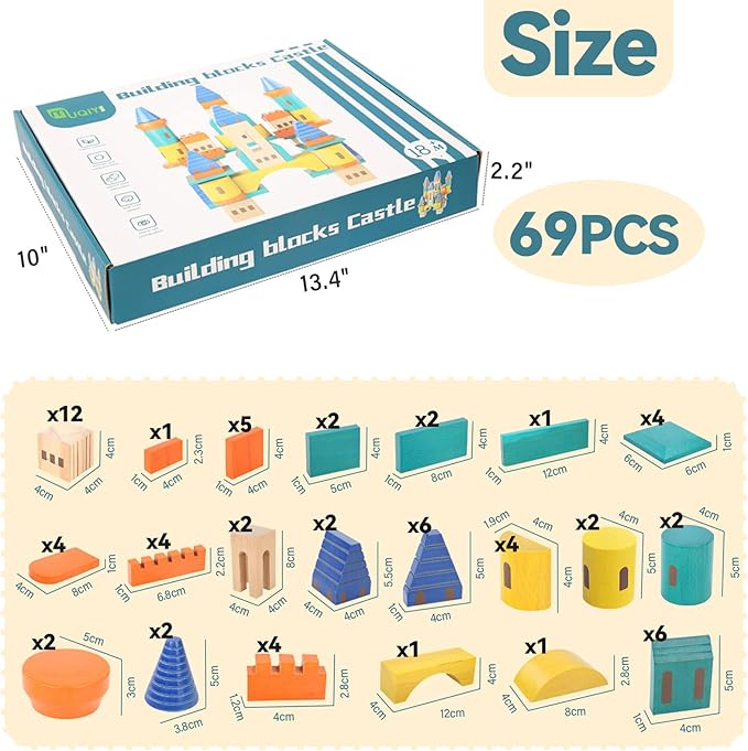Wooden Castle Building Blocks Set, Big Solid Beech Wood Toddlers Stacking Block Toy, Kids Construction Playset for Boys Girls 69 Pieces Set