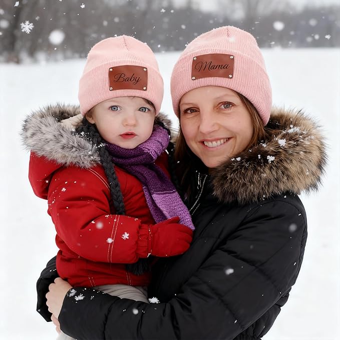 Custom Baby Beanies Personalized Toddler Winter Hats Name Leather Patch Kids Knit Warm Hat for Infant Boys Girls Adult