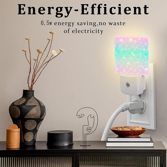 Pink Teal Mermaid Scales Night Light, Rainbow Glitter Fish Scale Dusk to Dawn Night Light Plug in,0.5w Energy Saving Sleep Friendly NightLight for Kids Boys Girls Home Decor