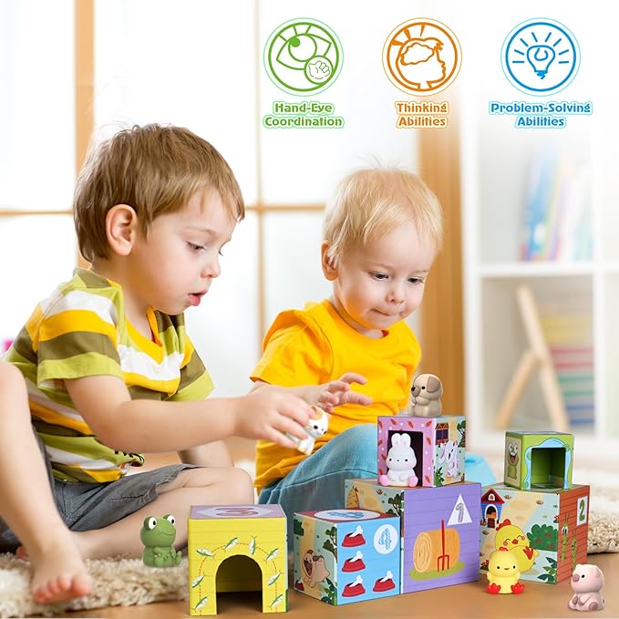 Toddler Farm Animal Sorting and Stacking Toys, Nesting Boxes and Blocks With Finger Puppets - Gifts for 1-3 Year Olds
