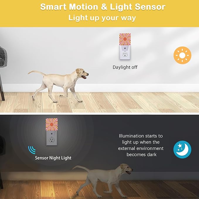 Boho Sun Night Light with Dusk to Dawn Light Sensors, Plug-in Wall Led Night Lights, Energy Efficient Lamp for Bedroom/Bathroom/Kitchen/Hallway/Stairs