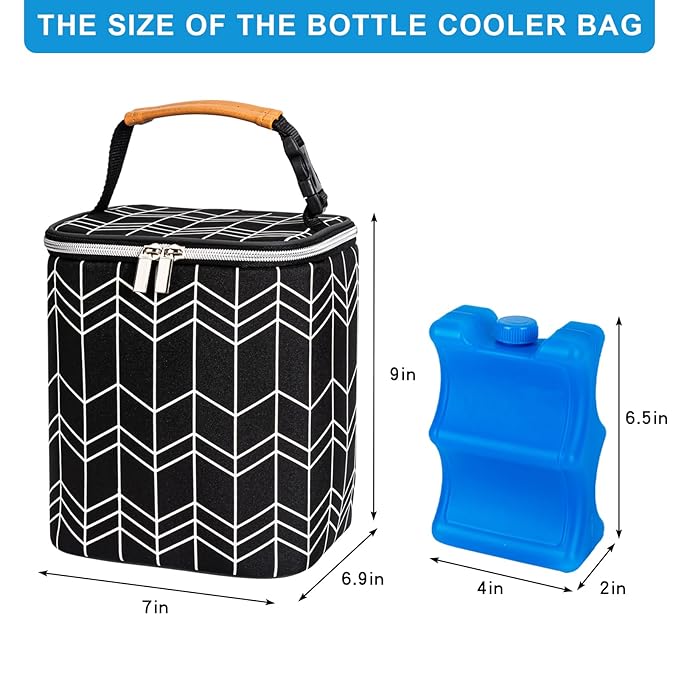 BreastMilk Cooler Bag with Ice Pack Fits 4 Baby Bottles Up to 9 Ounce, Baby Bottle Bag Fits for Nursing Mom Daycare, Black