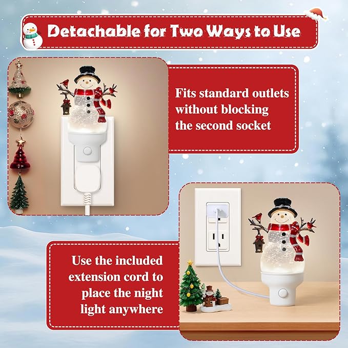 2 Pack Christmas Snowman Night Light Plug into Wall Glitter Water Nightlight with USB/Outlet Options, Christmas Decorative Nightlight for Bedroom Kitchen Holiday Decorations Gifts (Snowman)