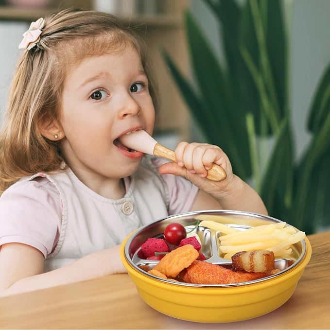 Nuogo 2 Pcs Stainless Steel Baby Suction Plates with Removable Silicone Shell 2-in-1 Metal Toddler Bowl Divided for Picky Eaters Kids Feeding Led Weaning Supplies, Dishwasher Safe (Yellow,Blue)