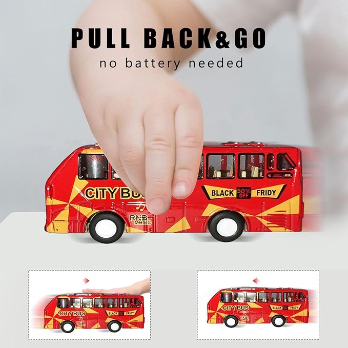 KIDAMI Die Cast Metal Toy Cars Buses Set, 1:64 Scale Double Decker City Bus Vehicles, Pull Back Cars with Openable Doors for Toddlers Boys Girls Birthday Gift