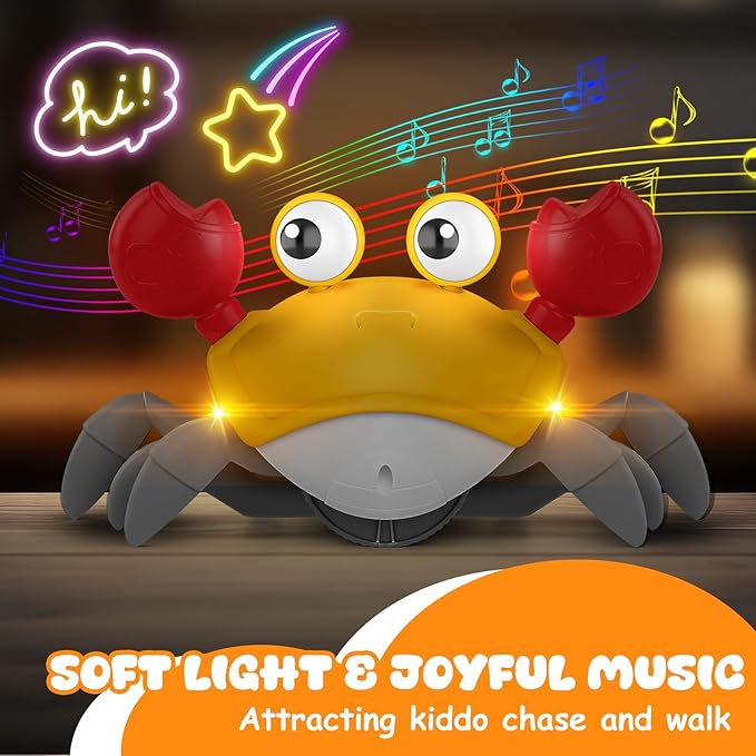 Crawling Crab Baby Toy, Upgraded Tummy Time Gifts for Newborn Babies 3-6 6-12 Month, Light-Up Walking Dancing Moving Crab with Music & Obstacle Avoidance, Rechargeable Sensory Development Toy (Orange)