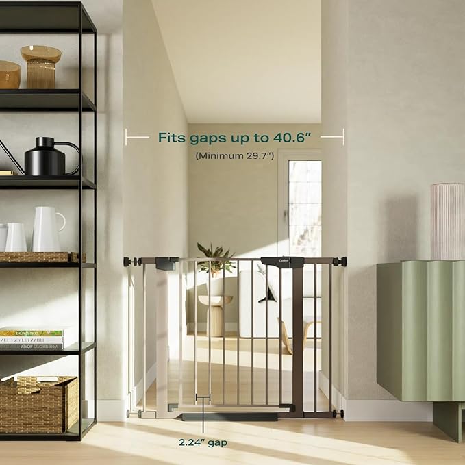 Cumbor 29.7-40.6" Baby Gate for Stairs, Mom's Choice Awards Winner-Dog Gate for Doorways, Pressure Mounted Auto-Close Pet Gates for Dogs Indoor, Safety Child Gate with Easy Walk Thru Door, Brown