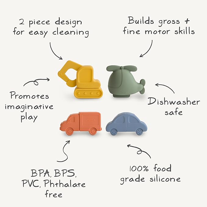 mushie Vehicles Bath Toys Play Set for Toddlers | 100% Food Grade Silicone | Mold Free, Pack of 4