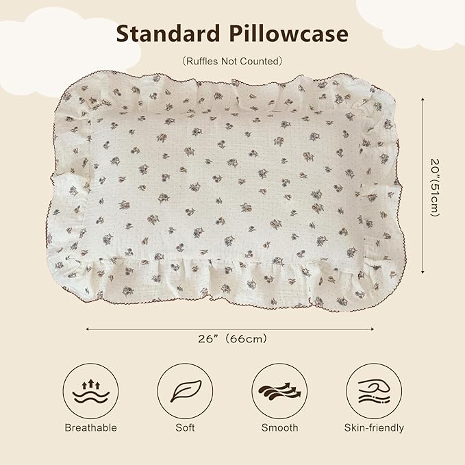 BuLuTu 100% Cotton Muslin Pillow Covers Fit for Kids Standard Size Pillow, Pansy Floral Print with Dots Pattern Children Ruffled Pillow Case, 1 pc, 20x26 Inch, Machine Washable