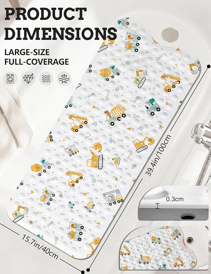 LNOND Baby Bath Mat Non Slip,Kids Bath Mat for Bathroom,Dinosaurs Driving Excavator Shower Mat with Drain Holes and Suction Cups,40 X 16 Inch