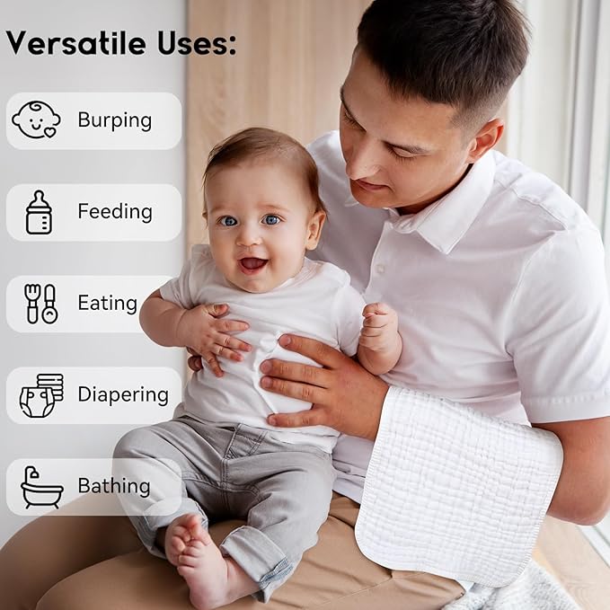 Muslin Burp Cloths for Baby 100% Cotton Burping Cloths for Boys Girls Large 20''X10'' Extra Soft and Absorbent 12 Pack - White