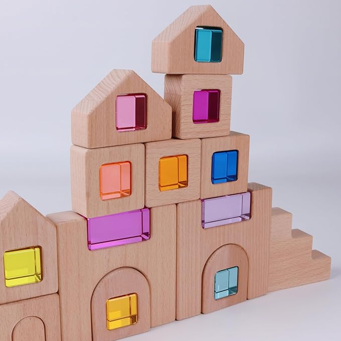 38PCS Wooden Building Blocks Set with Colorful Acrylic Inserts, Include Wooden Castles, Stairs, Arches Educational Construction Toy for Toddlers (38PCS Castle House)