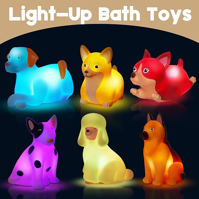 Bath Toys for Toddlers 1-3: 6 PCS Light-Up Dog Bath Toy Set, Baby Bath Toys, Bathtub Pool Bath Toy for Kids, Christmas Birthday Gifts for Boys & Girls Ages 1 2 3+ Years Old