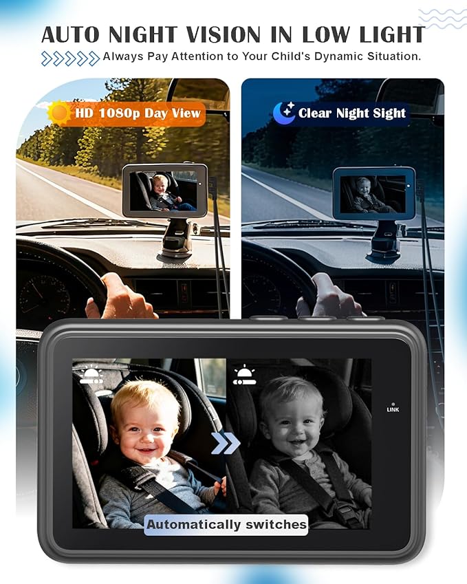 Baby Car Camera for 2 Kids - 4.3" Dual Channel Car Baby Monitor with Split Screen,Night Vision, Wide View, Easy Install Rear Facing Backseat Camera for Baby
