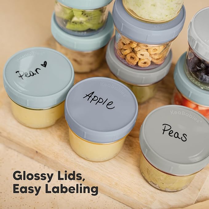 KeaBabies 12pk 4oz Glass Baby Food Containers with Lids - Leak-Proof, Microwavable Small Glass Jars, Baby Purees & Toddler Snack Storage Containers, BPA-Free, Dishwasher & Freezer Safe (Slate)