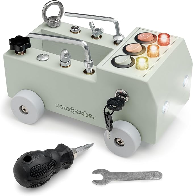 Comfy Cubs Busy Board Toy Truck Set - Fun & Noise-Free, Pine Wood Activity Board for Toddlers with LED Light Switch - Designed in The US, Focused & Engaging Montessori Play for Kids 3+ (Sage)