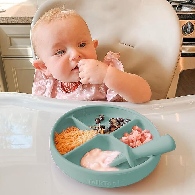 TalkTools Itsy Plate Must-Have Silicone Baby Plates with Suction | Non-Toxic Toddler Feeding Plate | Divided Portion | BPA-Free, Easy-Clean, Travel-Friendly Baby Dishware - Made in USA (Sage)