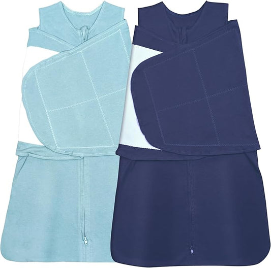 Baby Sleep sack Swaddle,Swaddles 3-6 Months,3-Way Adjustable Wearable Transition Blanket 100% Organic Cotton 2-Piece,12-18 lbs,1.0 TOG(Cyan&Navy Blue)