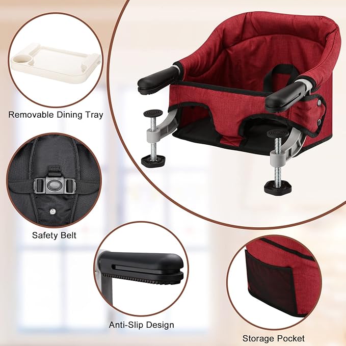 Hook-On High Chair with Removable Dining Tray, Folding Portable Clip-On Table, Baby Chair with Storage Bag for Indoor/Outdoor (Red)