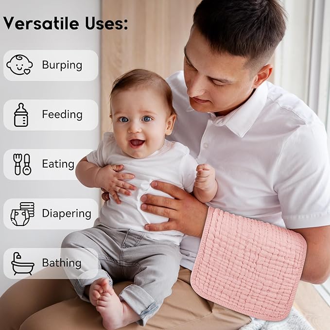 Muslin Burp Cloths for Baby 100% Cotton Burping Cloths for Boys Girls Large 20''X10'' Extra Soft and Absorbent 12 Pack - Gradient Pink