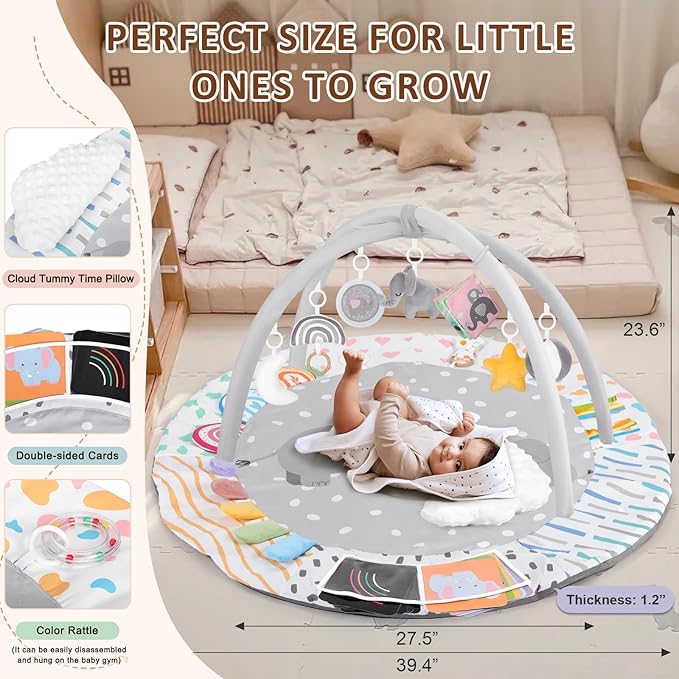 Baby Play Gym & Activity Mat, Tummy Time Mat with Tummy Time Pillow 7 Detachable Sensory Toys and Educational Cards for Motor Skills & Sensory Development, Baby Essentials Shower Gift, Grey Elephant