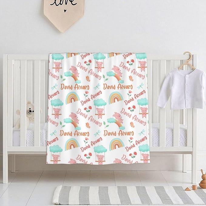 Ship Next Day Personalized Baby Blanket, Printed in USA - Custom Name Toddler Blanket with Pig Pattern, Personalized