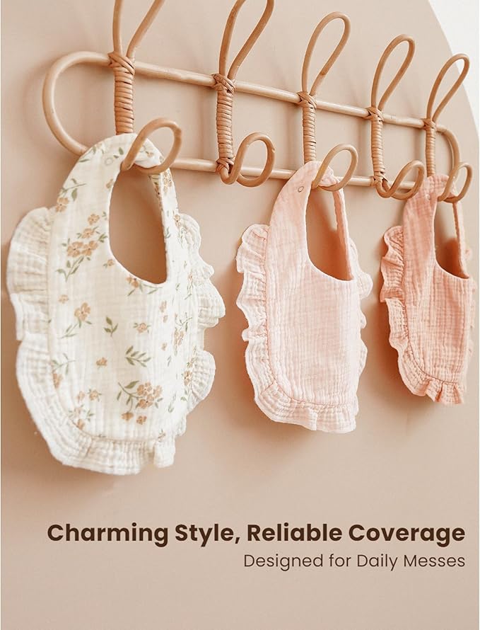Konssy Muslin Baby Bibs for Girls – Soft 100% Cotton Drool Bibs, Ruffle Trim for Newborns & Toddlers 0-36 Months 3-Pack