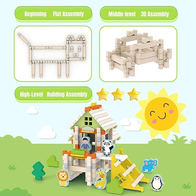 182PCS Wooden Building Blocks Set for Toddlers, Construction City Stacking Toys, Preschool Learning Educational Toys for Kids 3+ Years Girls and Boys (School)