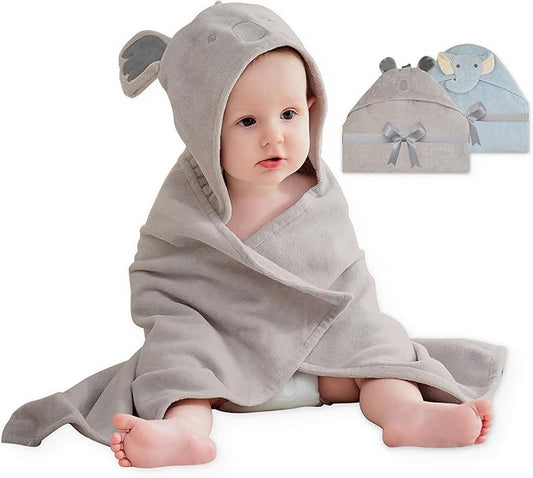 Viviland 2 Pack Hooded Baby Towels, Soft 100% Cotton Baby Bath Towels with Hood, Extra Thick and Absorbent, Essential for Newborns, Kids, Infants - Girls and Boys (Blue Elephant & Koala)