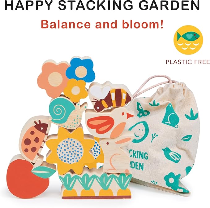 Mentari Toys - Happy Stacking Garden - 9 Wooden Nature Theme Pieces Stacking Toy - Boost Fine Motor Skills and Dexterity - Age 18 Months+
