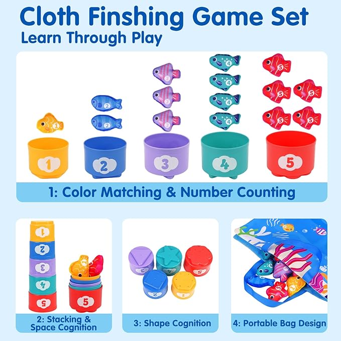 Montessori Toys for 1 Year Old - Cloth Fishing Game with Stacking Cups Toddler Toys for One Year Old Boy Girl First Birthday Gift - Sorting Learning Baby Toy 12-18 Months 1 2 Year Old