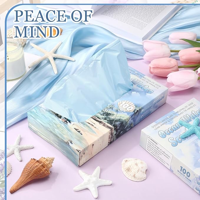 200 Count Ocean Water Scented Small Trash Bags Small Diaper Baggies for Adult Briefs Feminine Hygiene Baby Diaper Disposable Bags Pet Waste Sacks with Easy-to-tie Tabs