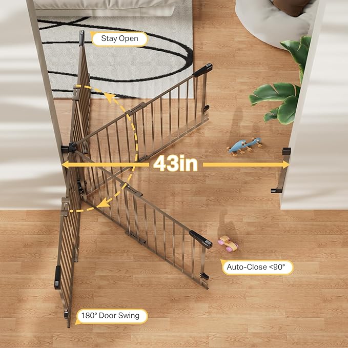 Cumbor 29.2–43" Baby Gate for Stairs, Wall-Mounted (Drill Required), Expandable No Bottom Bar Dog Gate, Auto Close Extra Wide Walk Thru, Pet & Toddler Proof Gate, Top & Bottom of Stairways (Brown)