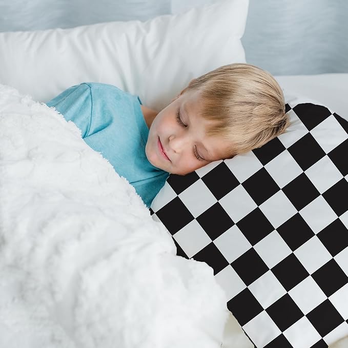 Little Sleepy Head Toddler Pillow with Pillowcase 13x18 - Kids Pillow for Sleeping - Better Neck Support Ergonomic Pillow and Toddler Pillowcase - Best Pillows for Kids (Checkers Black)
