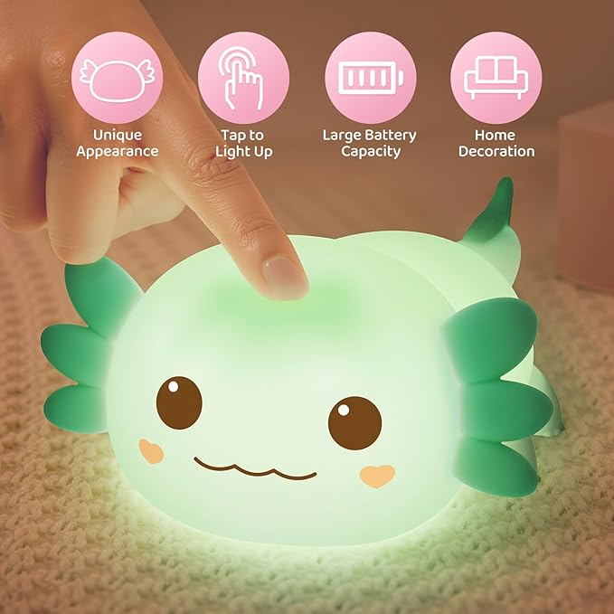 Mewaii Huggwaii Squishy Axolotl Night Light for Kids – Dimmable Silicone Axolotl Lamp, 2025 Upgraded Design, 20H Battery Life Rechargeable Lamp,Safe Sleep Aid Gift for Toddlers, Girls&Baby Room Decor