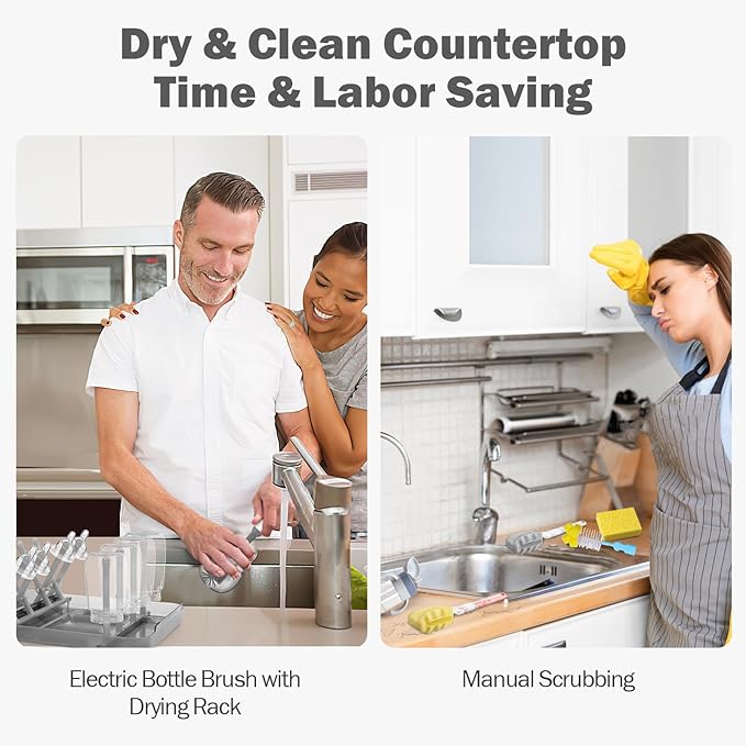 Electric Bottle Brush Cleaner, 9 in 1 Baby Bottle Brush Kit with Nipple Straw Crevice Brushes Drying Rack Extender Soap Dispenser Storage Box, Rechargable Bottle Cleaner Set for Travel & Home (Gray)