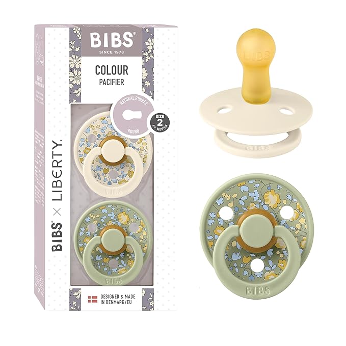 BIBS Colour Liberty Soother 2-Pack, BPA Free Dummy Pacifier, Round Nipple. Natural Rubber Latex, Made in Denmark, Size 2 (6-18 Months), Eloise Sage